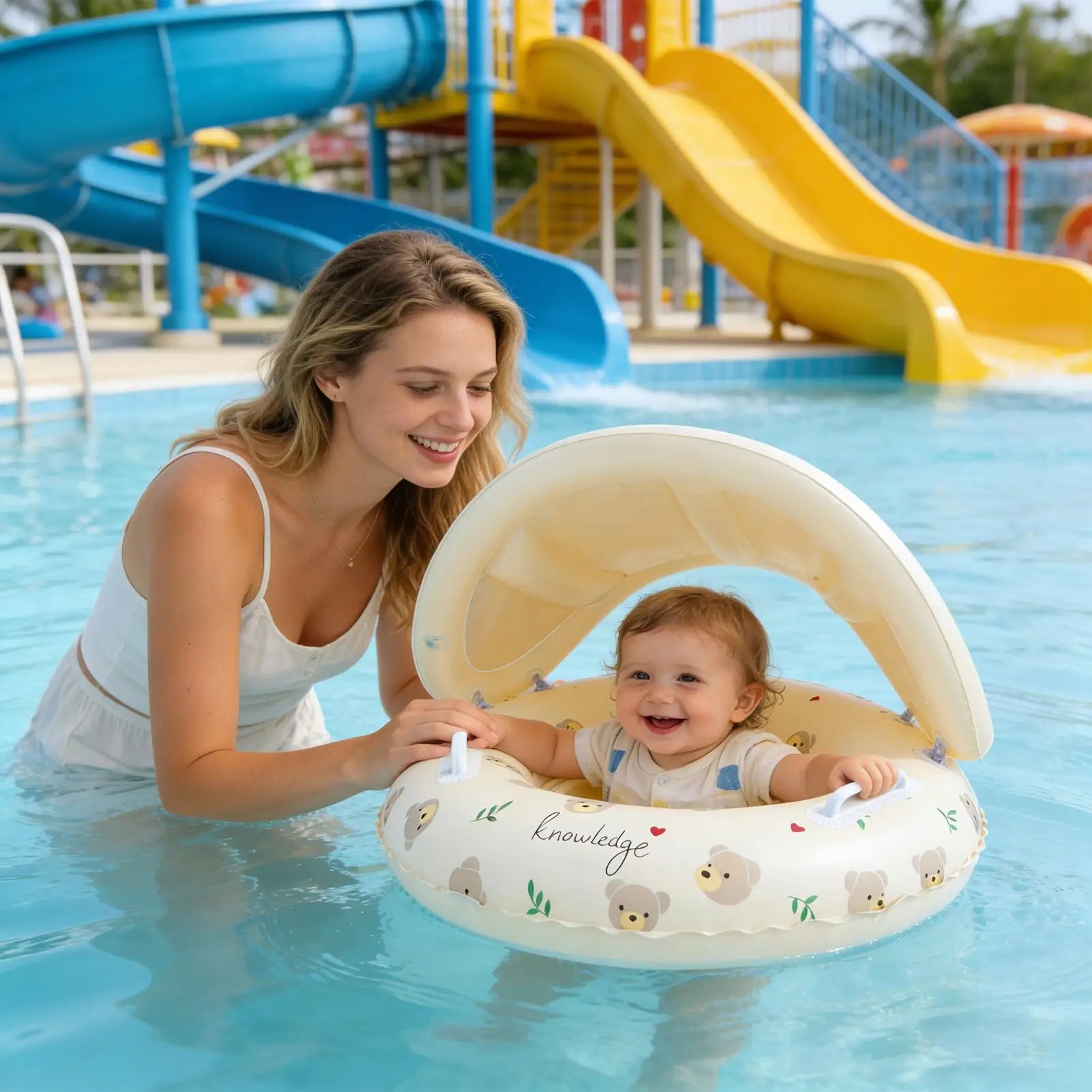 Kid Float with Canopy Water Play Supplies Kid Swimming Float for Beach Bathtub Bath Outdoor Vacation Travel Play for 3-48 months