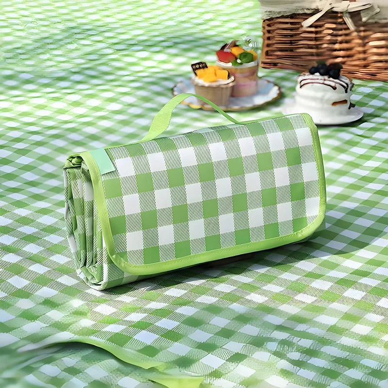 Foldable Lightweight Picnic Blanket 3m×2m Green Plaid Waterproof with Handheld Carry Bag for Outdoor Picnic Camping Beach Party