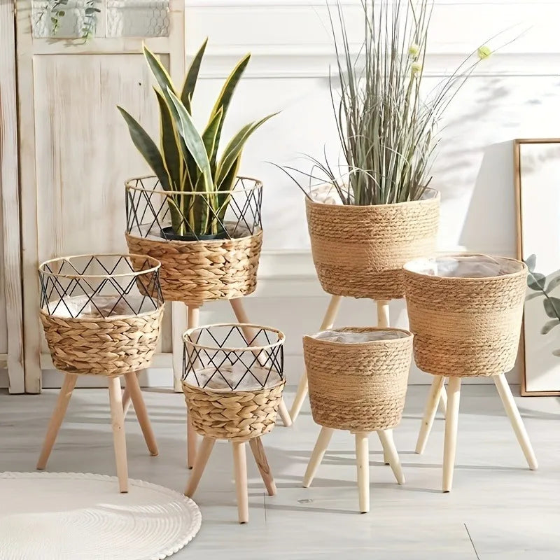 Wood Woven Plant Pot on Standing Flower Pot Storage Basket Indoor Planters Classic Style Garden Decor Essentials Home Decoration