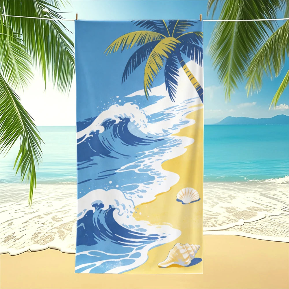 Tropical Beach Towel Palm Tree Ocean Wave Seashell Print Quick Dry Microfiber for Pool Travel Bathroom Decor 28 x 55 Inch