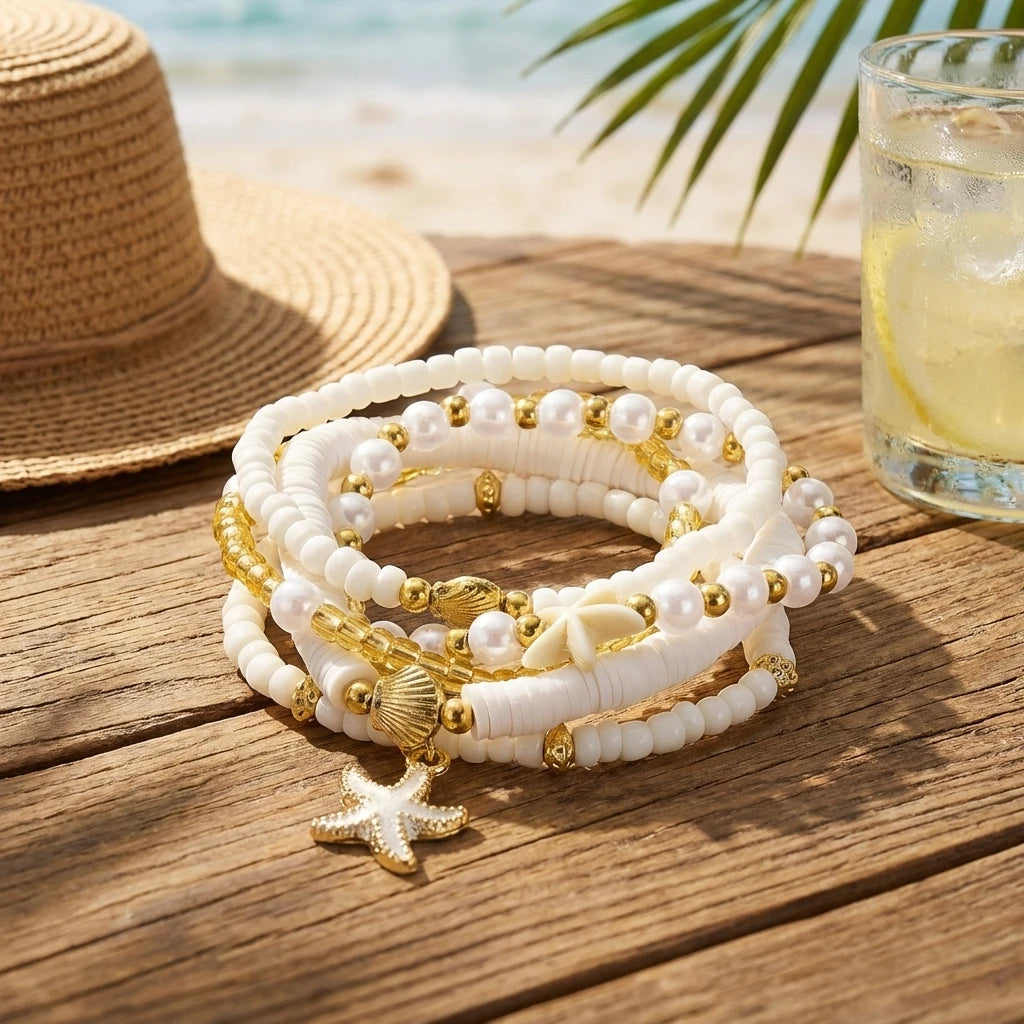 5Pcs/Set Boho Starfish Shell Elastic Bracelet for Women Stackable Imitation Pearl Heishi Beads Bracelet Beach Jewelry Gift